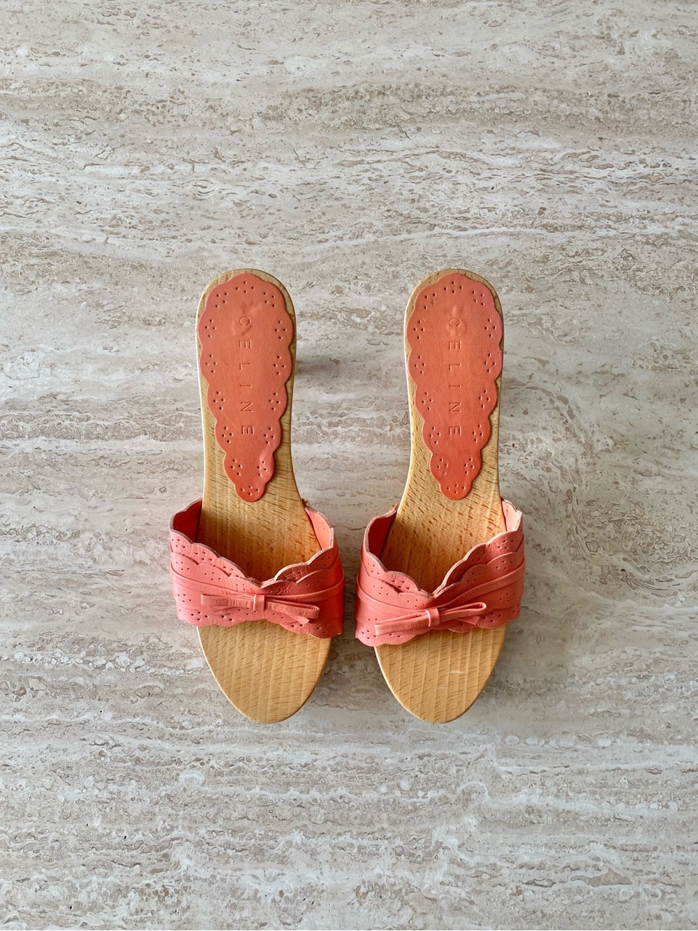 Vintage Celine Eyelet Bow Clog Mule Sandal Heels